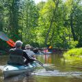 Two canoes are paddled down a small, forested stream.