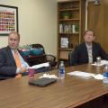 U.S. Congressman Trent Kelly, left, who serves on the House Committee on Agriculture, met with Greg Bohach, vice president of the Mississippi State University Division of Agriculture, Forestry and Veterinary Medicine, and other division experts on Aug. 28, 2015, to discuss critical agricultural and economic issues. (Photo by MSU Ag Communications/Kevin Hudson)