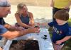 A man and a woman help a child plant seeds in a small pot of soil.