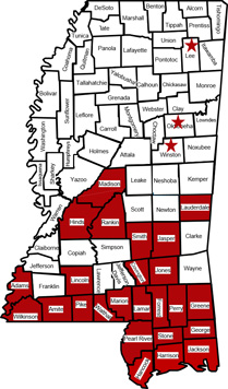 As of February, 2017, Formosan termites are known to occur in portions of 25 Mississippi counties.  A single isolated infestation has been detected in each of three additional counties, marked with stars, but it is currently unclear whether or not Formosan termites continue to be present in these locations.