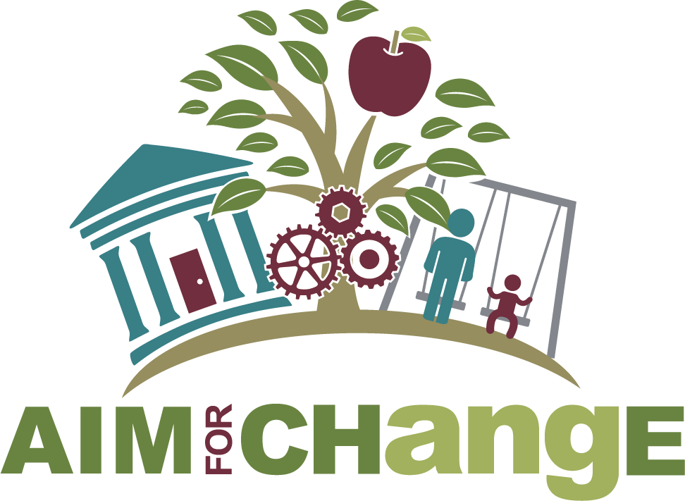 The AIM for CHangE logo (stylized with capital A, I, M, C, H, and E) has “AIM for CHangE” at the bottom and some simple icons above to represent a “policy, systems, and environmental” approach. The logo includes three mechanical gears in the middle, a courthouse, a tree with an apple, and a child on a swing-set with an older individual.