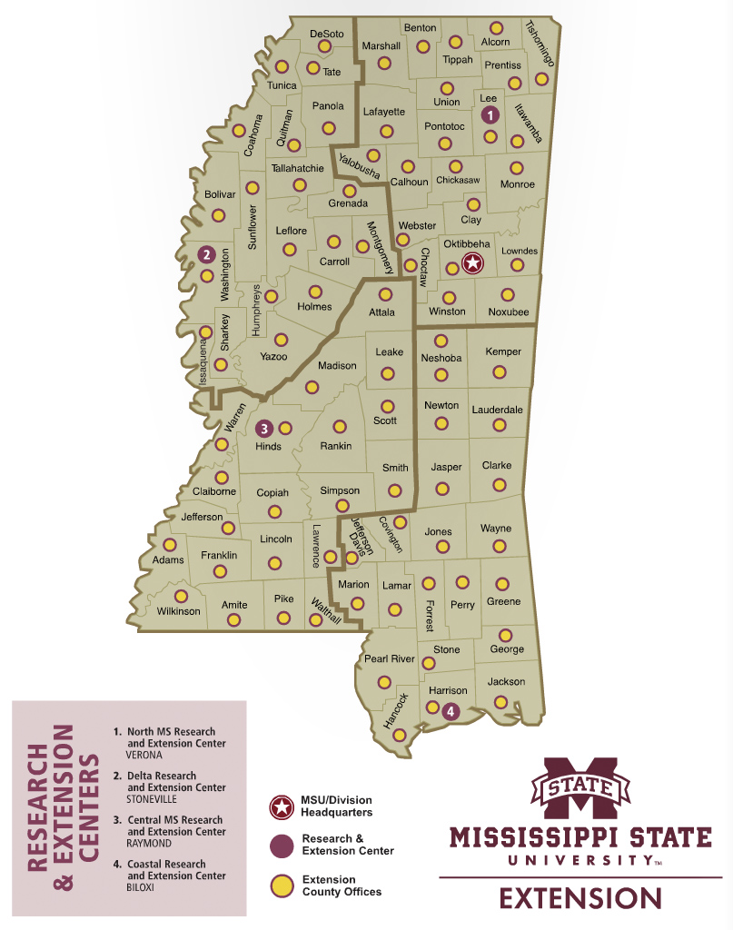 Map of Mississippi Research and Extension Center locations.