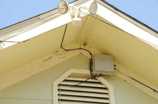 Those horizontal streaks of dried mud on the 1 x 6 molding under the eaves of this house were built by Formosan termites and indicate that the house has a serious infestation. This infestation probably entered the building at ground level, but they have already spread to the peak of the roof!